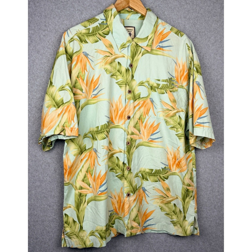 Jamaica Jaxx Shirt Mens L Green Silk Bird of Paradise Button-down Aloha Floral